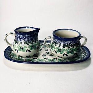 Handmade Polish Pottery Cream Sugar Tray Set Blue Green Floral Pattern (no lid)